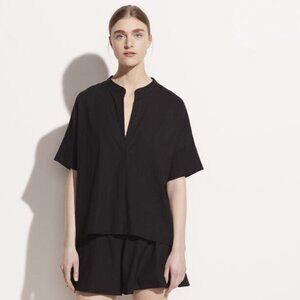 Vince Linen Popover Short Sleeve  Top in Black